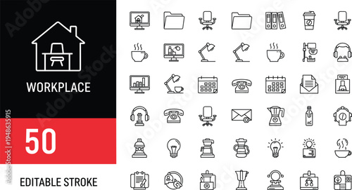 Home office and professional workplace icon set featuring desk lamp swivel chair computer and business communication symbols.