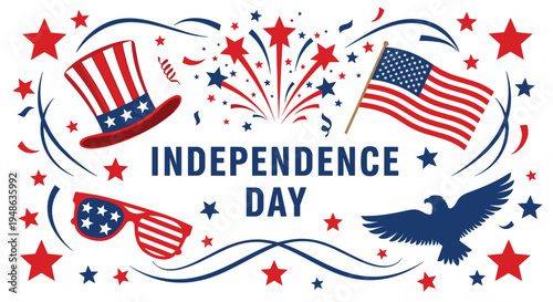 Independence Day Patriotic Design Element Set Featuring American Flag Uncle Sam Hat Bald Eagle Sunglasses and Fireworks Graphics,