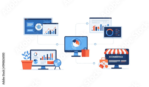 smart business technology, AI business system, ecommerce platform concept, data analytics dashboard, digital ecosystem illustration, marketing automation tools, business intelligence technology, cloud