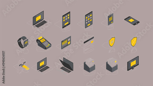 Isometric financial technology icon set featuring online banking payment terminals digital security shields laptops and mobile electronic commerce,