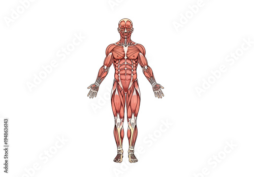 Anterior view illustration of the human muscular system on a white background