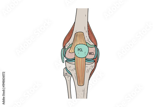 Diagram illustrating the posterior cruciate ligament PCL and medial collateral ligament MCL of the knee