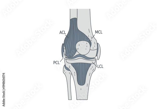 Diagram labeling four major knee ligaments ACL PCL MCL and LCL