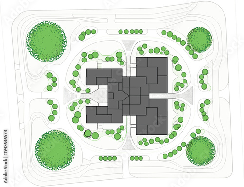 Modern architectural site plan vector featuring complex building wings circular landscape elements green spaces and urban pathways,