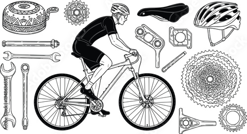 Professional bicycle repair and cycling vector set featuring mountain biker helmet gears wrenches saddle and mechanical components,