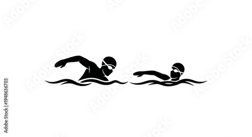 Two swimmers silhouette, competitive swimming, freestyle stroke, isolated on white background