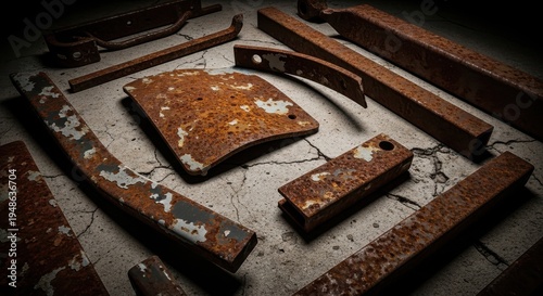 Collection of Aged Rusty Metal Scraps Displaying Textural Decay and Industrial Patina on Concrete Surface