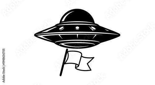UFO Flying Saucer Landing with Flag on White Background