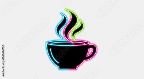 Vibrant Neon Coffee Cup with Colorful Steam, Abstract Drink Icon