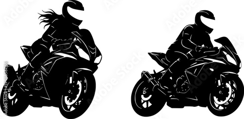 A vector silhouette of a woman riding a motorcycle and a man riding a motorcycle