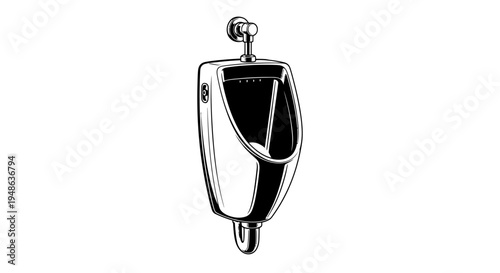 Vintage Urinal Illustration - Retro Bathroom Fixture, Black and White Line Art