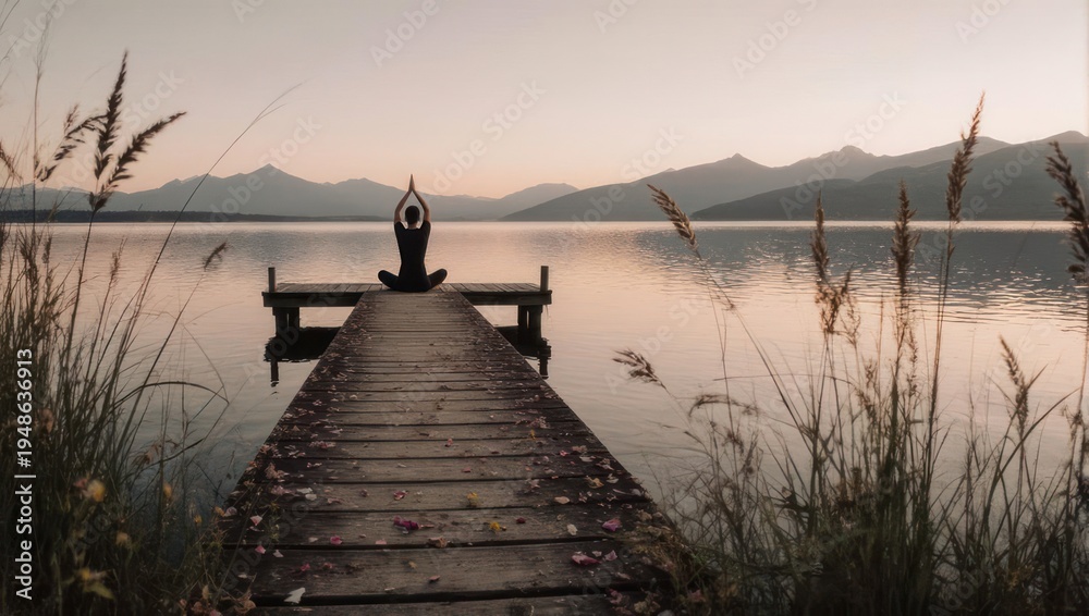 Fototapeta premium Silhouette of person meditating on a wooden dock by a serene lake at sunrise