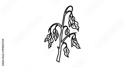 Wilting Plant Icon, Sadness and Decline Symbol, Black and White Line Art
