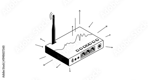 Wireless Router with Signal Waves and Data Flow Illustration