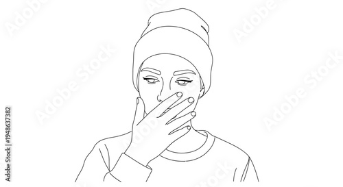 Young Person Wearing Beanie Covering Mouth in Shock or Surprise, Line Art Illustration