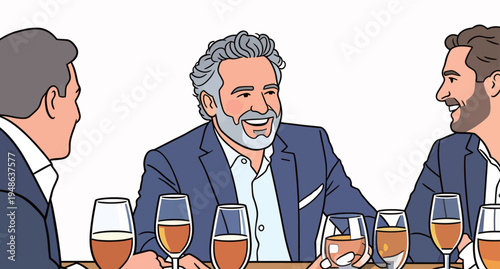 Three men talking and sharing drinks in a casual setting at a gathering in the evening