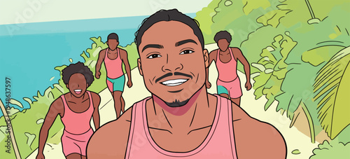 Group of friends enjoying a day on the beach trail during sunny weather