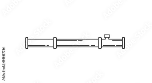 Industrial pipe section with flanges and valve, line art icon, isolated on white background