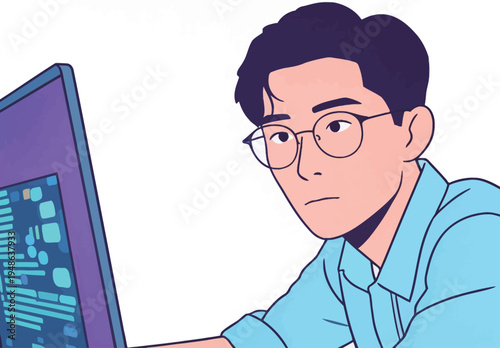 Young man works on computer with code displayed on screen in modern setting during daylight hours