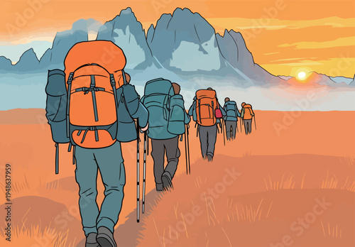 Hikers with backpacks walk toward mountains during sunset in a scenic outdoor setting