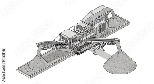 Isometric illustration of a mobile crushing and screening machine processing aggregate materials.