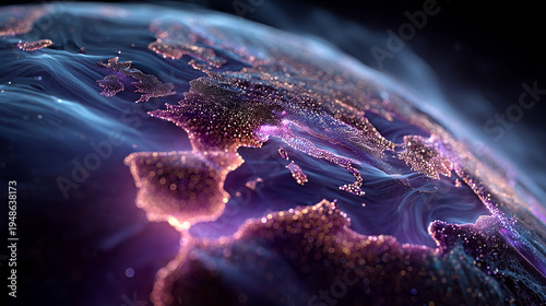 Digital holographic globe with glowing fiber optic networks and topographic lines