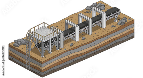 Isometric illustration of an industrial conveyor belt system for material transport, showing layered earth strata below.