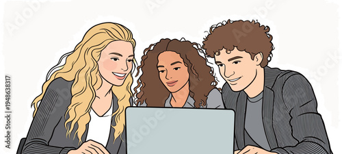 Group of friends working together on a laptop in a shared space during daytime