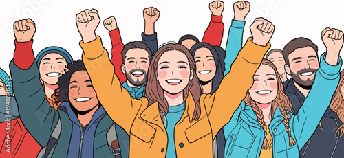 Group of young people celebrating with smiles and raised fists in a vibrant setting during a joyful event