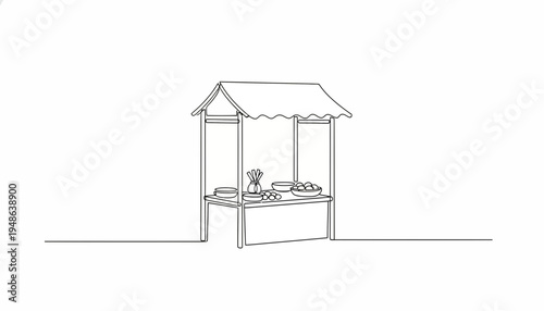 Hand-drawn sketch of a food stall with canopy and display of food items