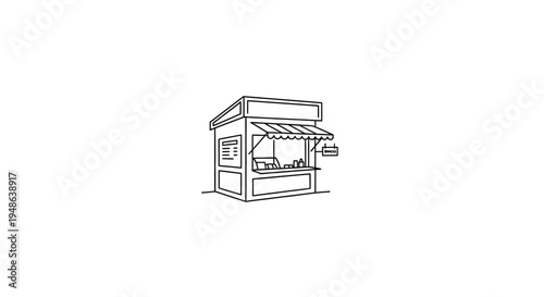 Hand-drawn sketch of a small food stall with awning and menu board