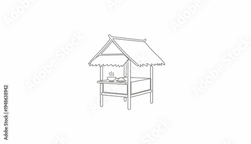 Hand-drawn sketch of a traditional Thai food stall with thatched roof and steaming food