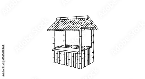 Hand-drawn sketch of a traditional bamboo well with tiled roof and stone base