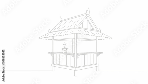 Hand-drawn sketch of a traditional open-air pavilion with a steaming pot inside