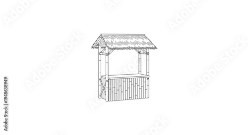 Hand-drawn sketch of a traditional bamboo market stall with thatched roof