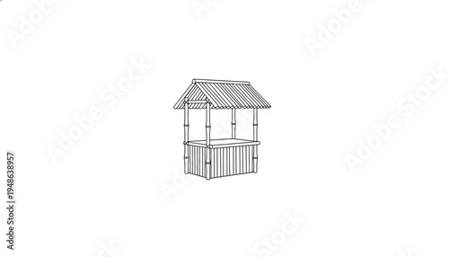 Hand-drawn sketch of a traditional well with a thatched roof, isolated on white background