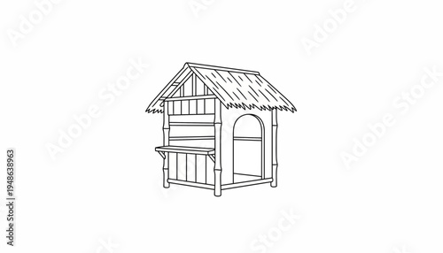 Hand-drawn Sketch of a Tropical Hut with Thatched Roof and Open Counter