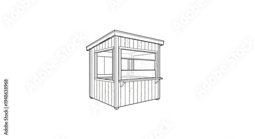 Hand-drawn sketch of a wooden kiosk or small booth with windows, isolated on white background.
