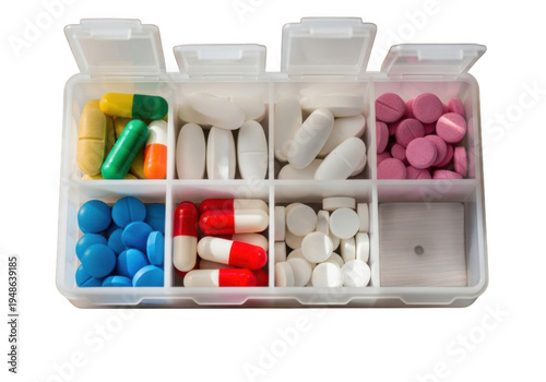 Colorful pills and capsules in a pill organizer isolated on transparent background medication management health care