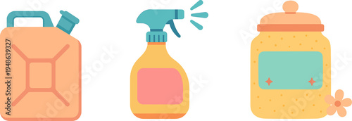 Cleaning spray bottle gas canister and jar flat vector