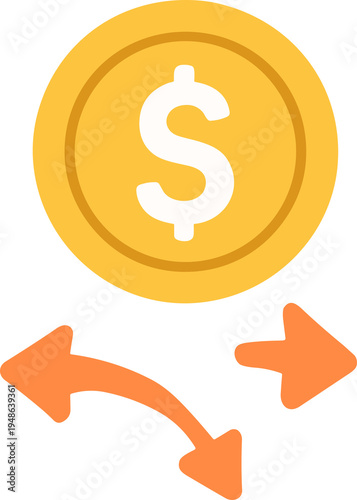 Flat illustration of coin with directional arrows