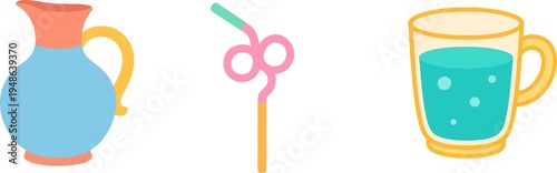 Colorful illustrated pitcher straw and glass with water