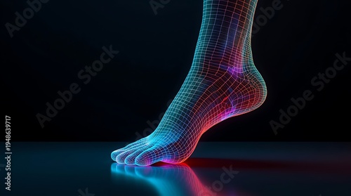 Digital wireframe human foot with neon glow on black background