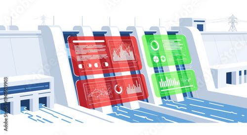 Hydroelectric Dam with Digital Monitoring Screens Showing Data Analysis