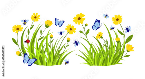 Spring Meadow with Butterflies, Bees, Ladybug and Yellow Flowers