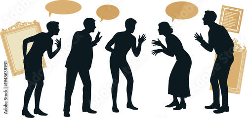 People talking silhouette communication conversation discussion group speech bubble social interaction business meeting vector illustration isolated concept
