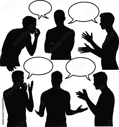 People conversation silhouette set communication discussion speech bubble talking men dialogue social interaction business meeting vector illustration