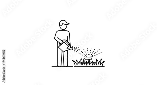 Gardener watering plants with watering can and sprinkler on lawn
