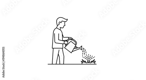 Gardener watering plants with watering can, line art illustration