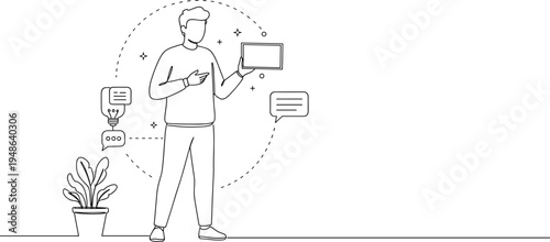 Stroke outline illustration of a man holding a tablet while discussing ideas with chat bubbles and a potted plant on a transparent background